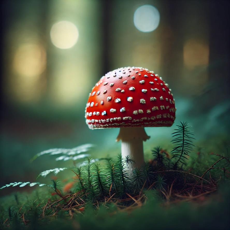 Alt-Text: Roter Fliegenpilz mit weißen Punkten im Wald, umgeben von Moos.