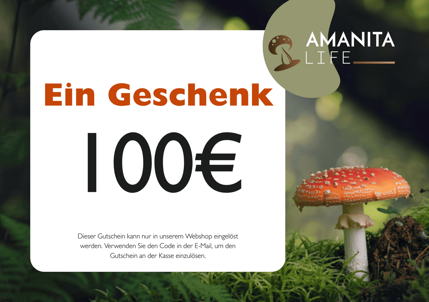 Virtueller Fliegenpilz-Geschenkgutschein im Wert von 100€, ideal für den Kauf von Amanita-Produkten wie Pantherpilz und Königsfliegenpilz online.