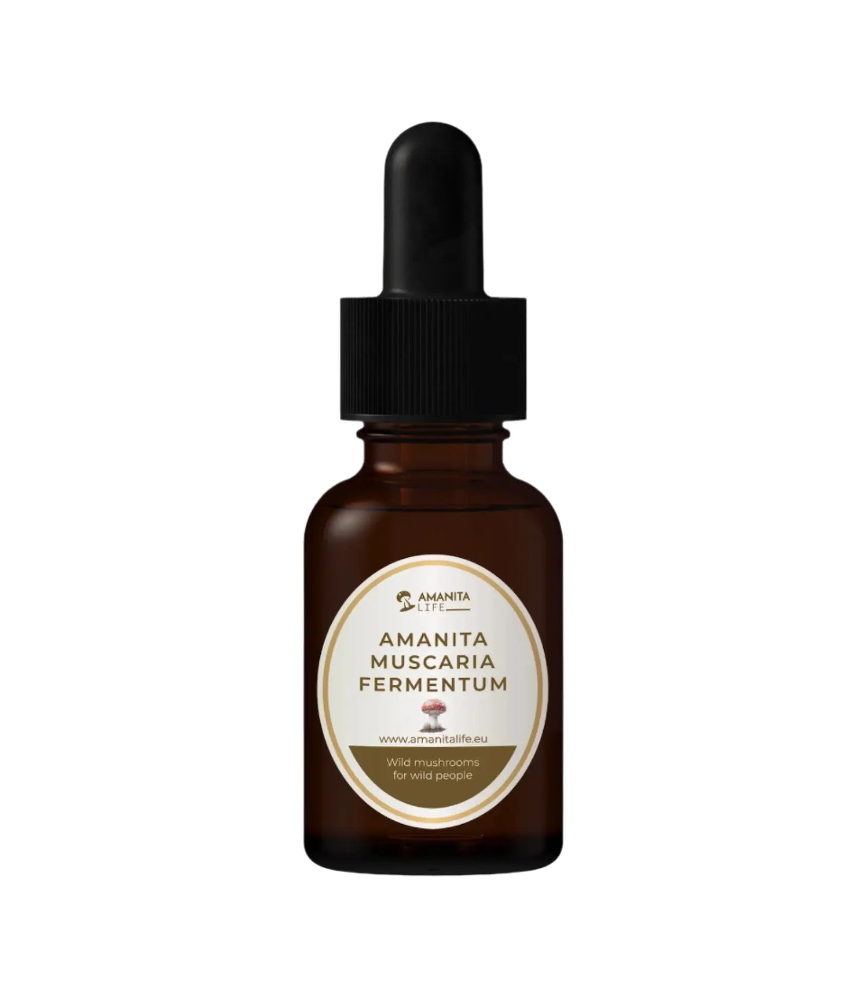 Amanita Muscaria (Fliegenpilz) Fermentum in einer kleinen Tropfflasche mit Markenetikett